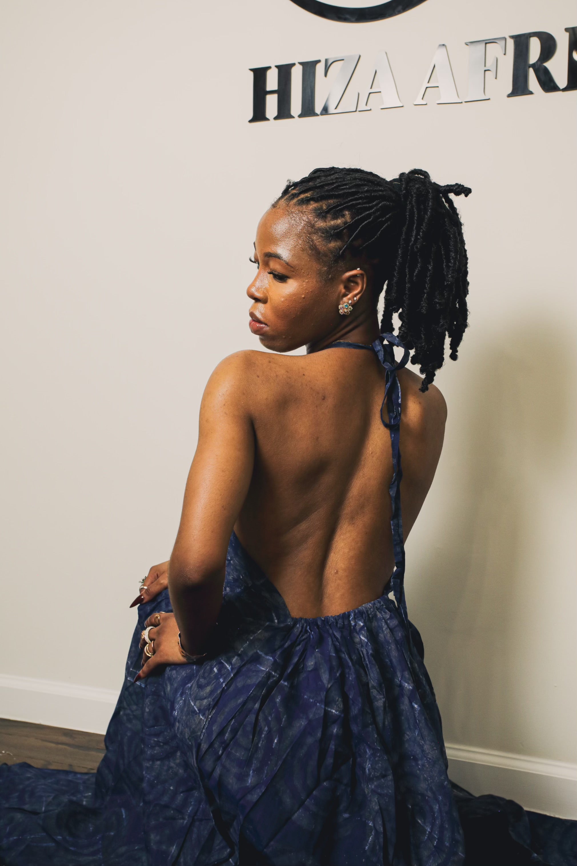 Bella backless gown crepe adire