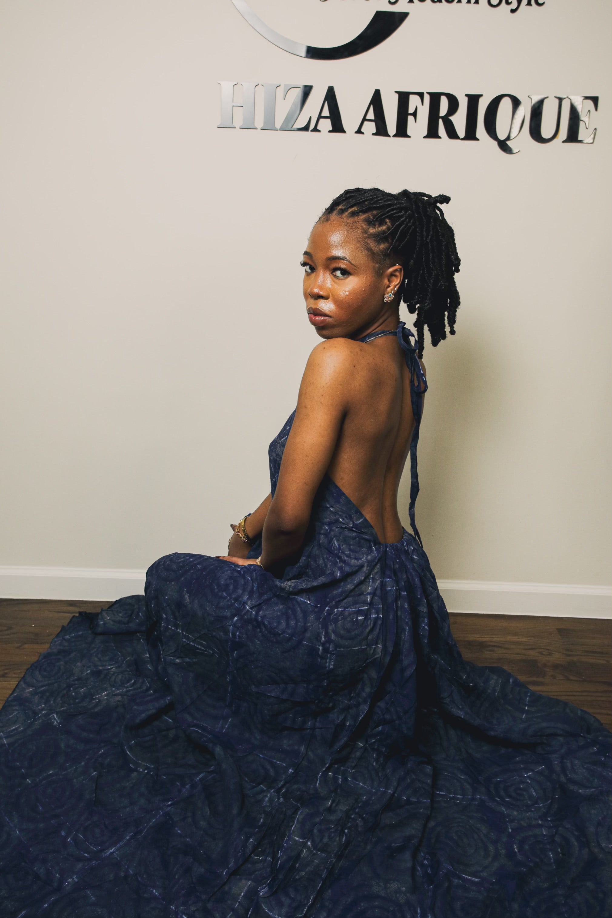 Bella backless gown crepe adire