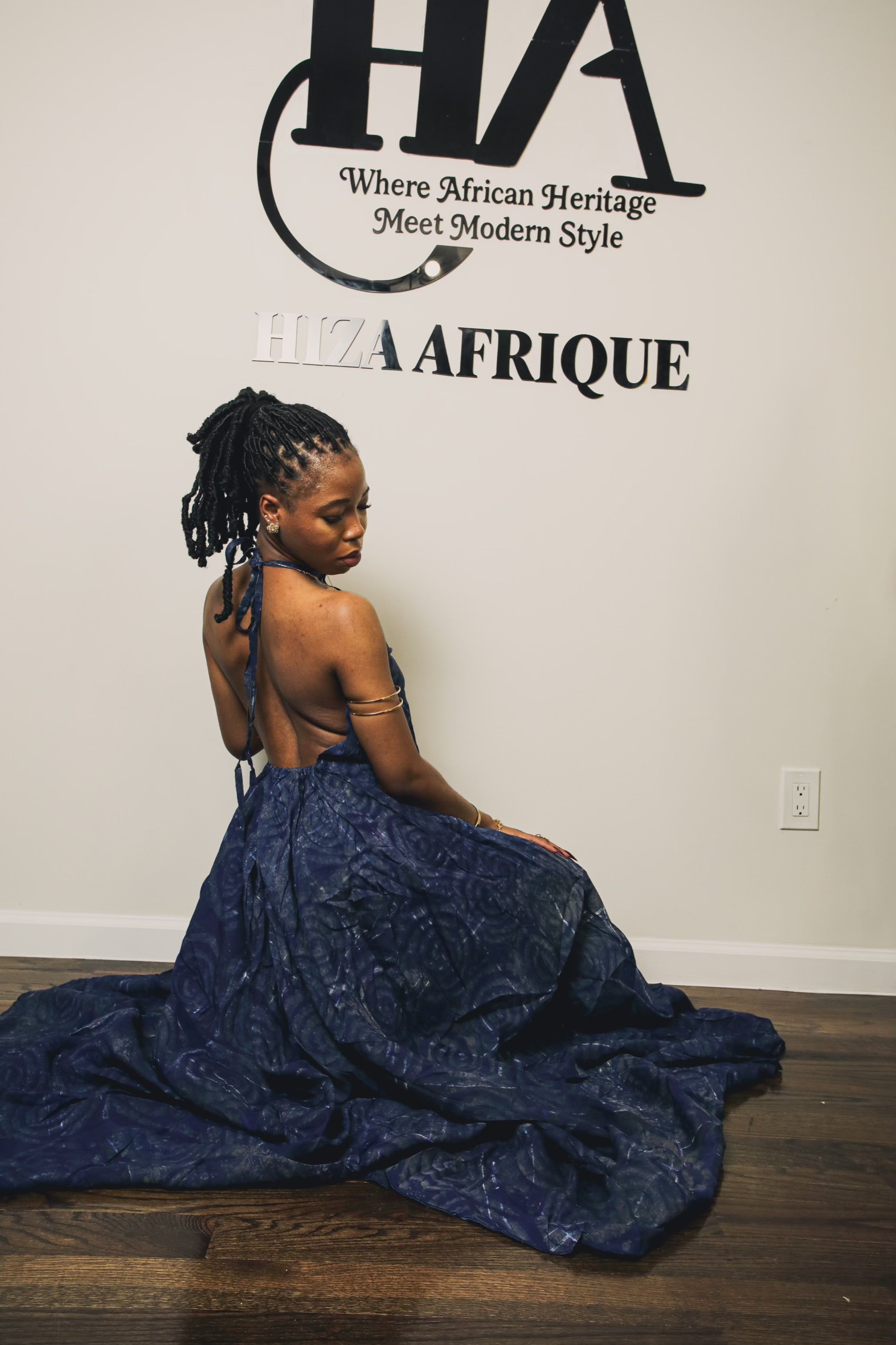 Bella backless gown crepe adire