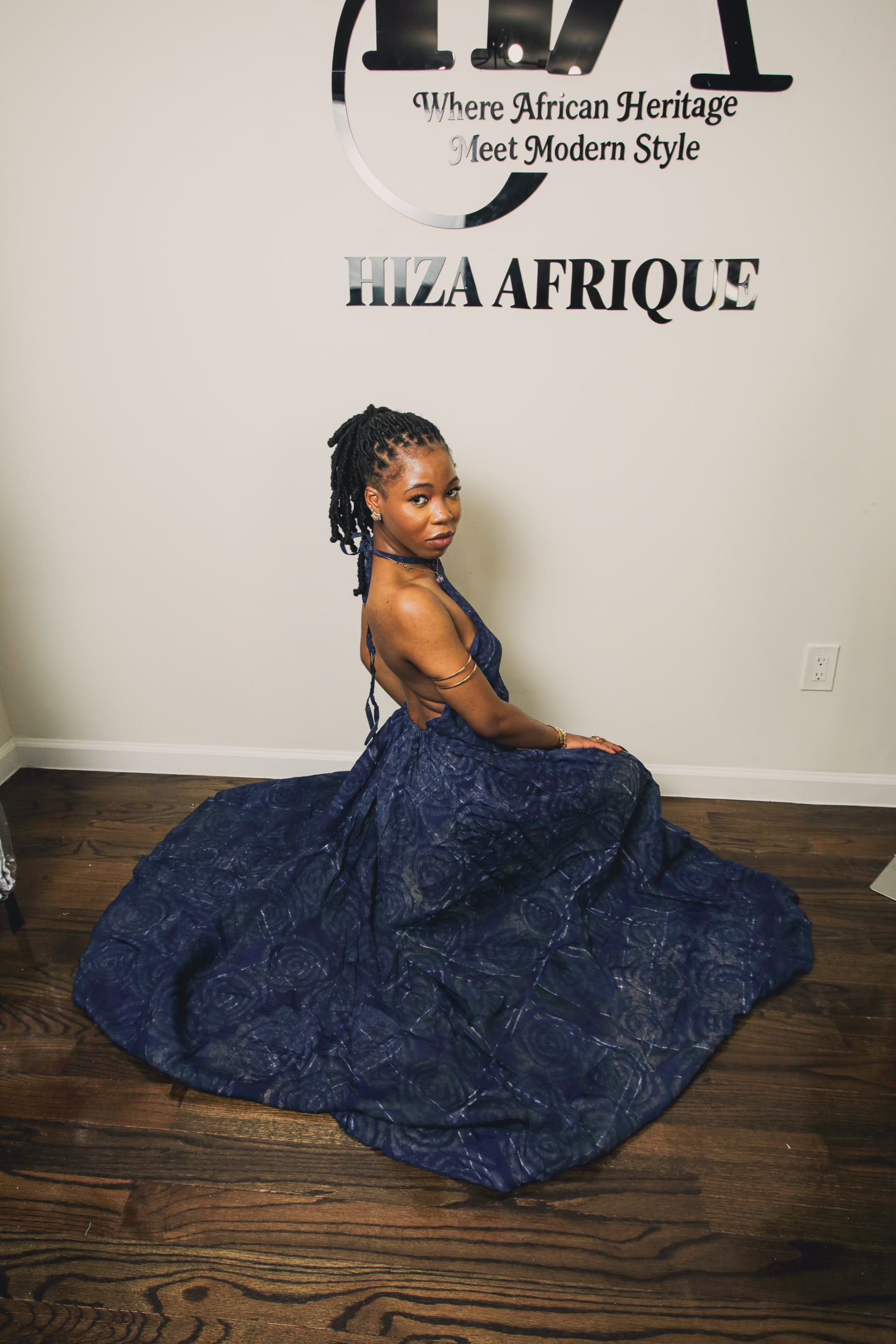 Bella backless gown crepe adire