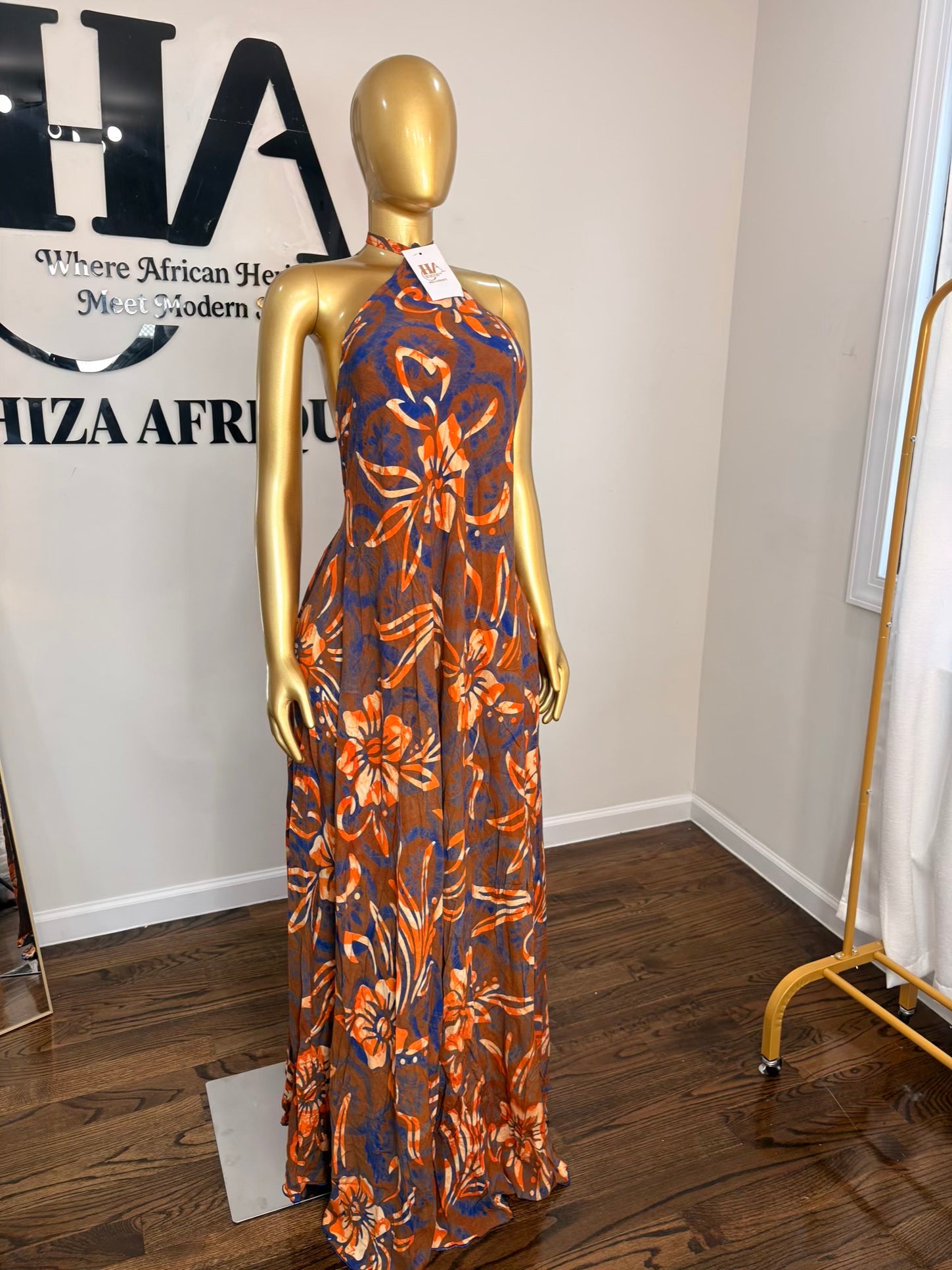 Bella backless crepe adire dress